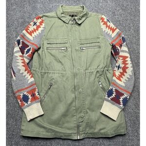 Quinn Jacket Womens Medium Green Military Twill Aztec Knit Sleeve Zip Lined